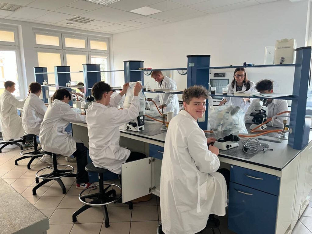 Uczniowie klas biologiczno-chemicznych w czasie zajęć laboratoryjnych