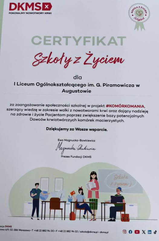 Certyfikat Szkoły z Życiem